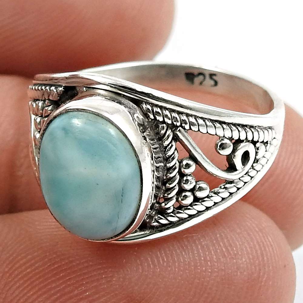 Larimar Gemstone Ring 925 Sterling Silver Indian Jewelry V42