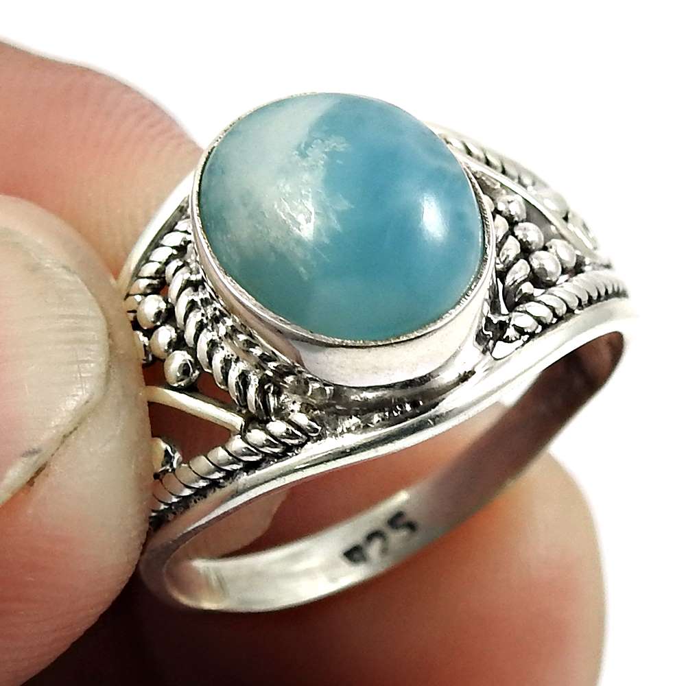 Larimar Gemstone Ring 925 Sterling Silver Indian Jewelry V42