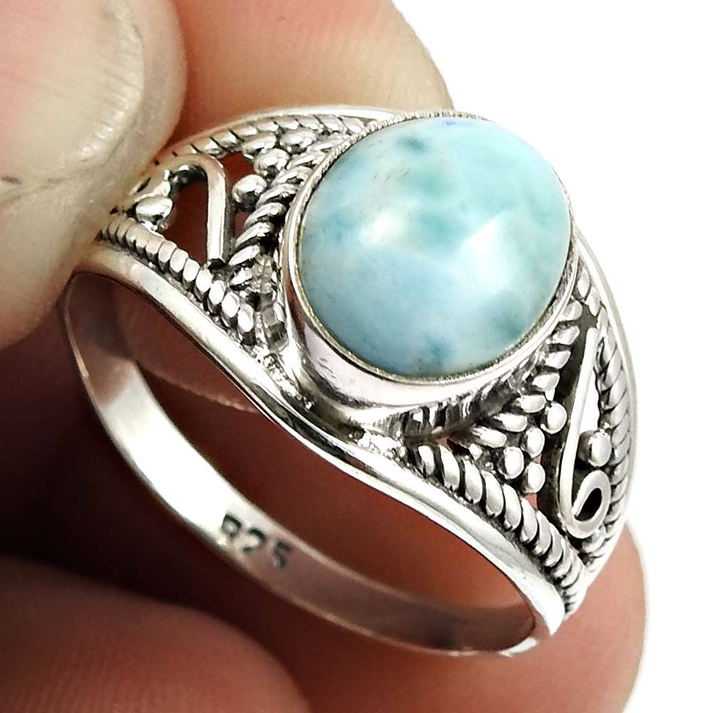 Larimar Gemstone Ring 925 Sterling Silver Indian Jewelry V42