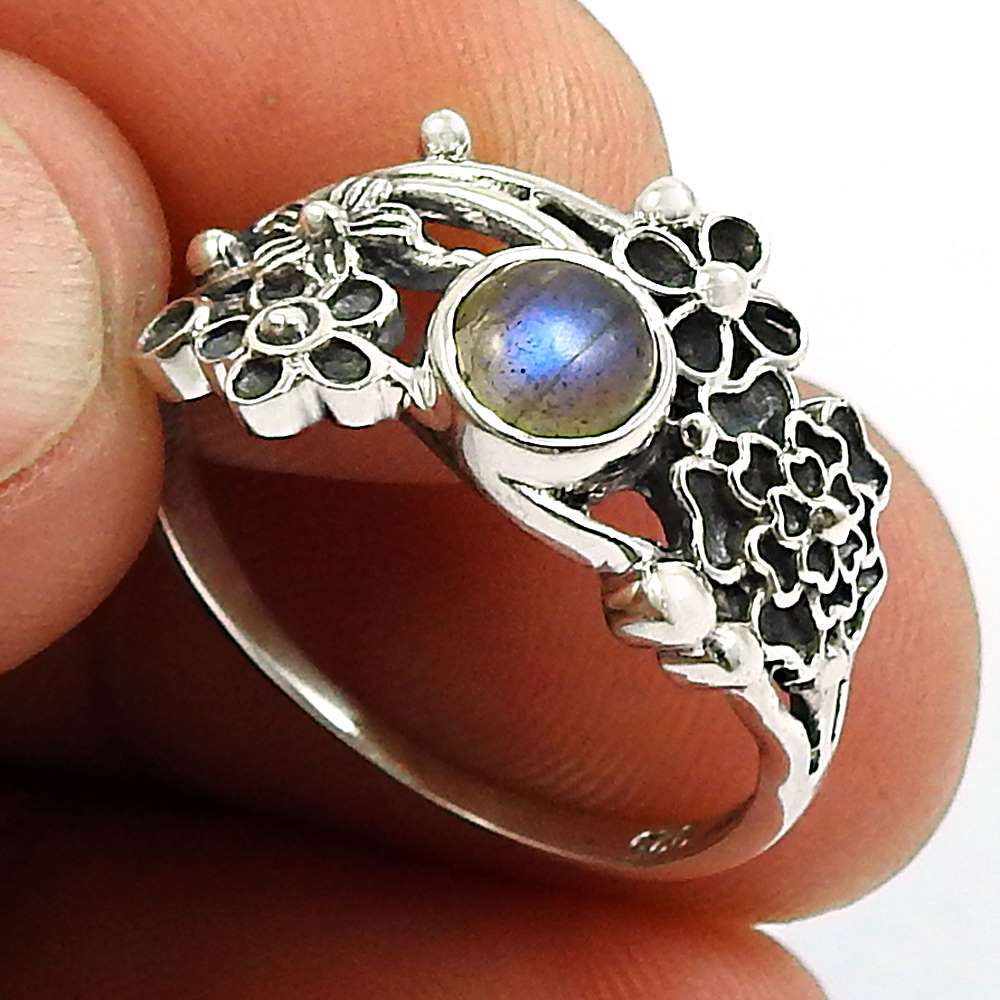 Labradorite Gemstone Flower Ring 925 Sterling Silver Handmade Jewelry C45