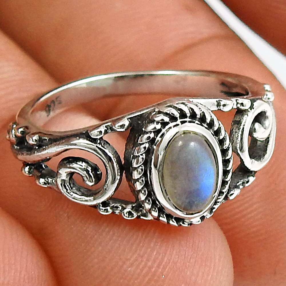 Rainbow Moonstone Gemstone Ring 925 Sterling Silver Stylish Jewelry Q1