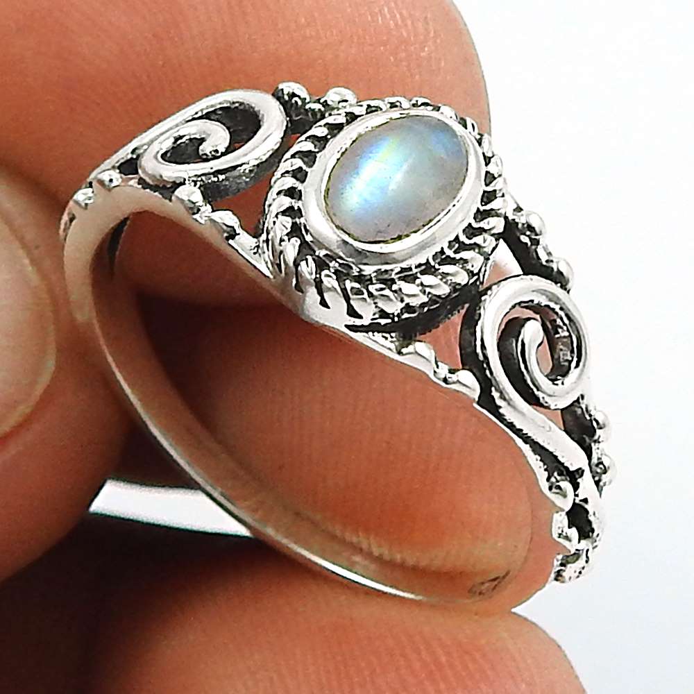 Rainbow Moonstone Gemstone Ring 925 Sterling Silver Stylish Jewelry Q1