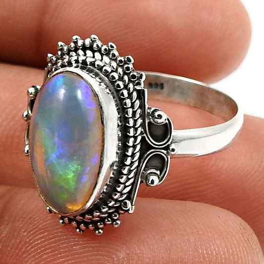 Oval Shape Opal Gemstone Jewelry 925 Solid Sterling Silver Ring Size 9 F27
