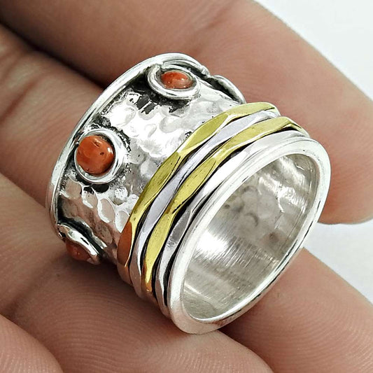 Christmas Gift Spinner Ring Size 6.5 925 Silver Natural Coral Gemstone B11