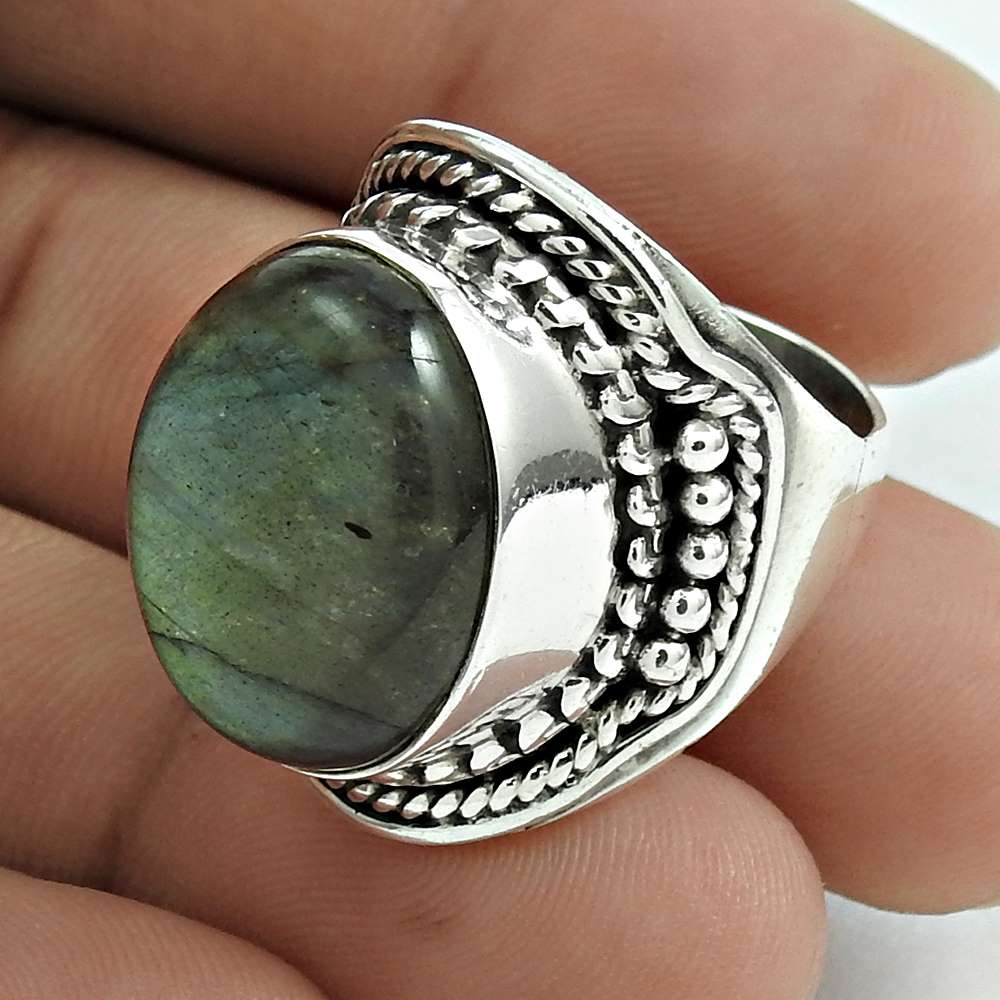 Christmas Gift 925 Silver Natural Labradorite Gemstone Statement Ring Size 7 B24