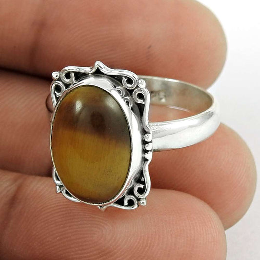 Natural Tiger'S Eye 925 Silver Statement Ethnic Ring Size 8.5 For Girls H7