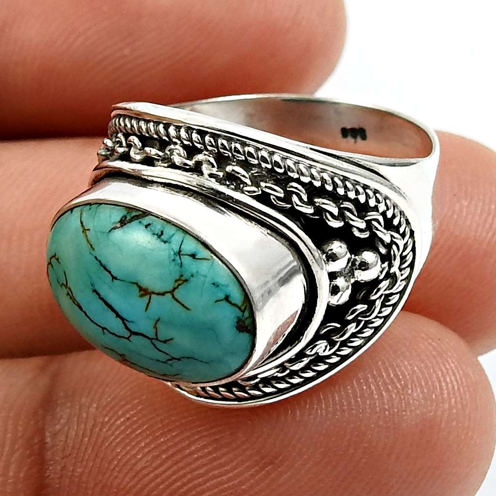 Turquoise Gemstone Jewelry 925 Solid Sterling Silver Ring Size 9 K64