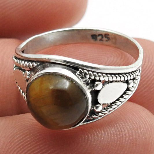 Tiger Eye Gemstone Ethnic Ring Handmade Jewelry 925 Sterling Silver D40
