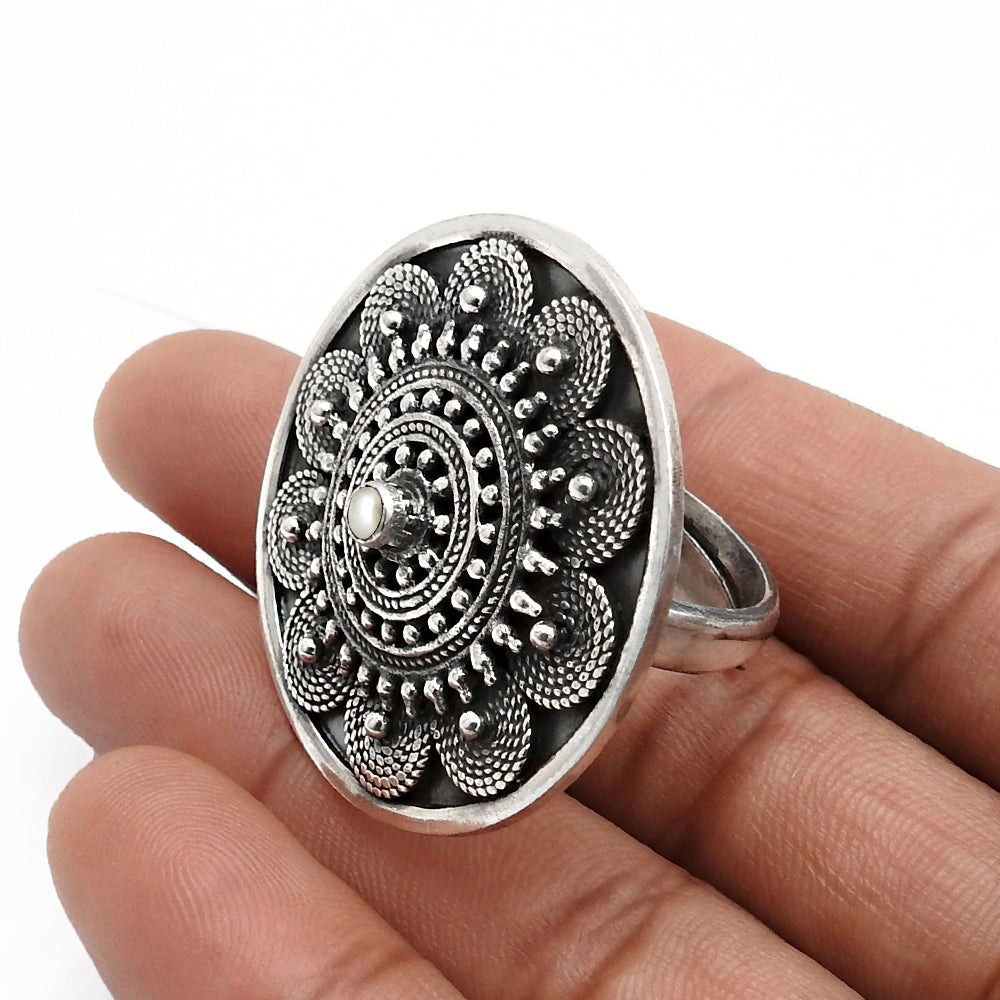 Pearl Antique Flower Ring Size 9 925 Sterling Silver Jewelry Adjustable Ring R13