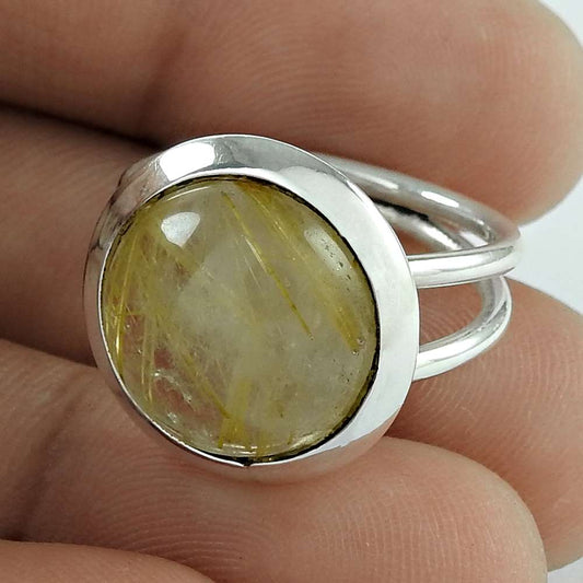 925 Silver Natural Rutilated Quartz Cocktail Bohemian Ring Size 7 U27