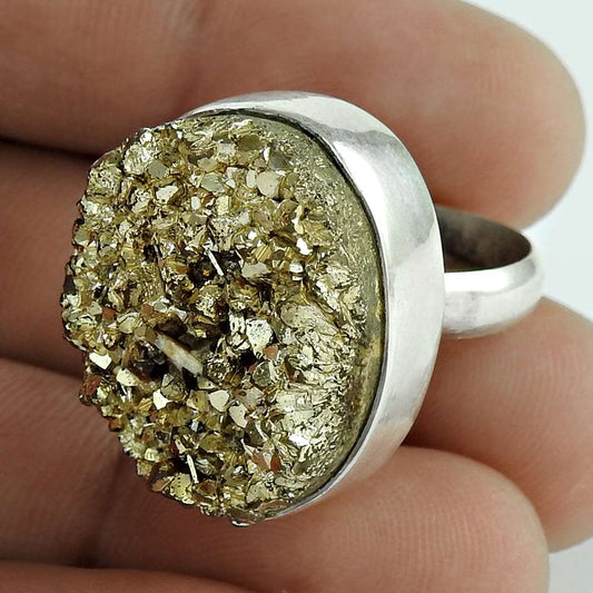 Woman Gift Natural Druzy Gemstone Gold Ring Size 6 925 Sterling Silver G18