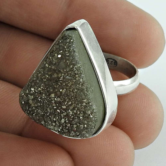 Woman Gift Natural Druzy Gemstone Ring Size 7 925 Sterling Silver I18