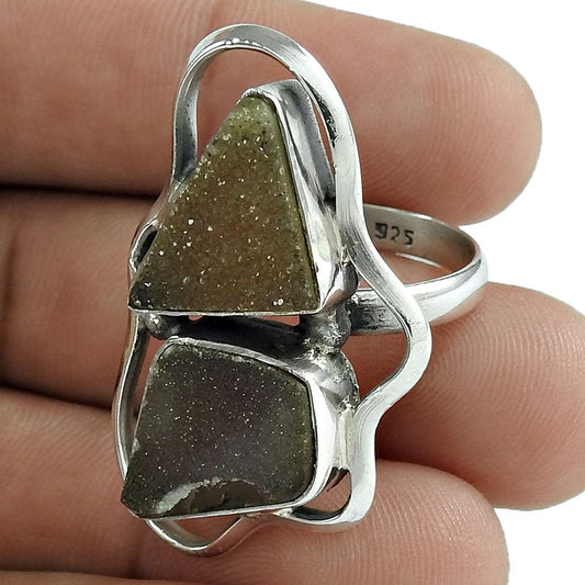 Woman Gift 925 Silver Natural Druzy Gemstone Statement Ring Size 8 A36