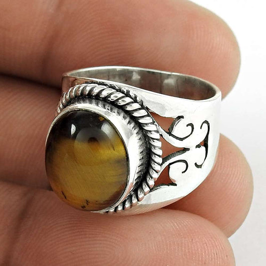 Gift For Her Natural Tiger'S Eye Cocktail Tribal Ring Size 6.5 925 Silver S25