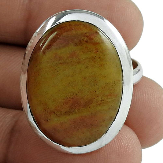 Natural Jasper Gemstone Statement Ethnic Brown Ring Size 7.5 925 Silver E26