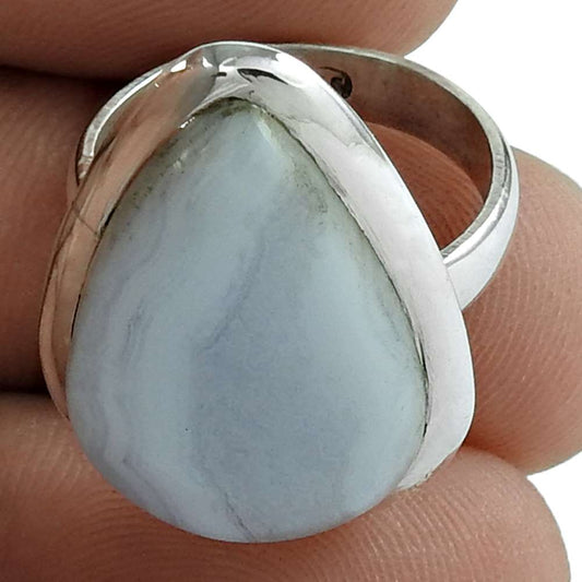 Natural Lace Agate Gemstone Solitaire Vintage Blue Ring Size 6 925 Silver C23