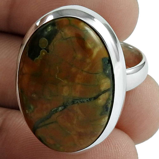 Natural Rain Forest Jasper Statement Ring Size 7.5 925 Silver For Girls Y15
