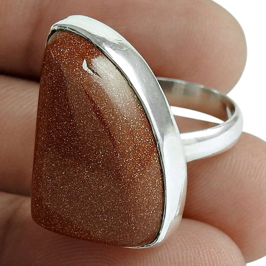 Natural Sunsitara Gemstone Solitaire Boho Ring Size 7.5 925 Sterling Silver T19