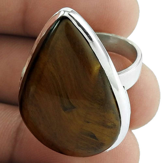 Woman Gift Natural Tiger'S Eye Solitaire Ring Size 6.5 925 Silver B16