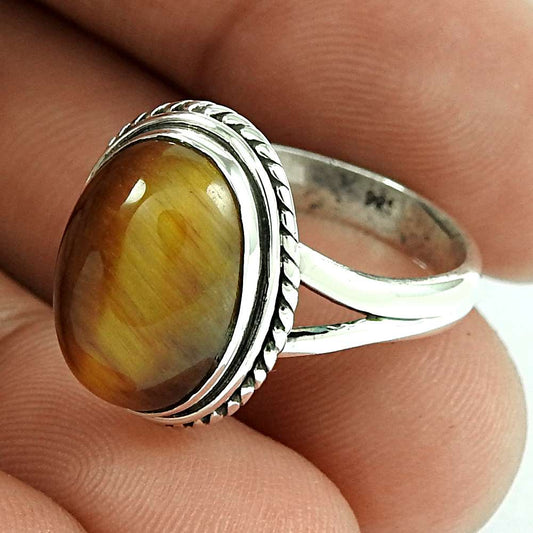 Natural Tiger'S Eye Gemstone Statement Tribal Ring Size 7.5 925 Silver S10