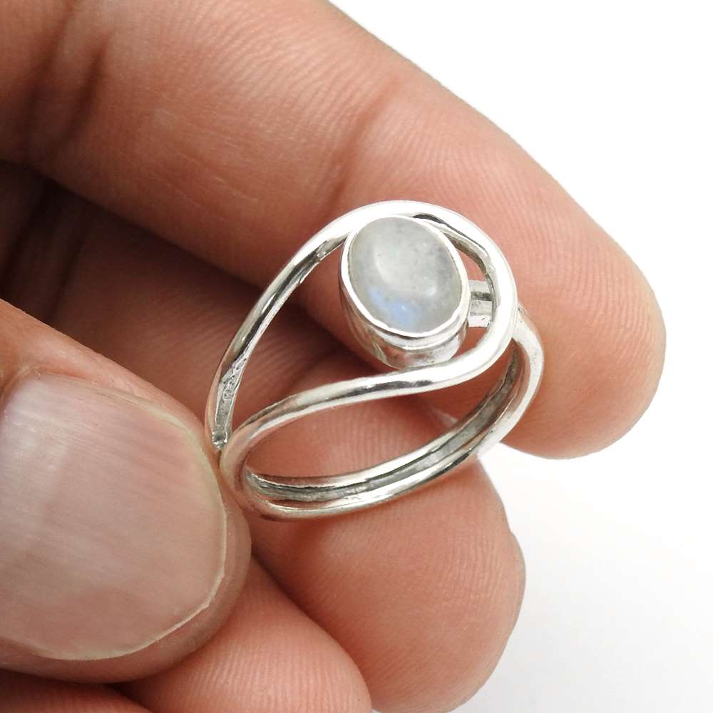 Gift For Women Cocktail Ring 925 Silver Natural Rainbow Moonstone H9