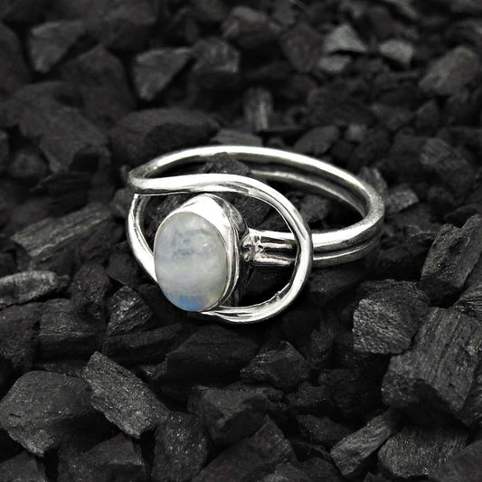 Gift For Her 925 Silver Natural Rainbow Moonstone Cocktail Ring Size 7 R3