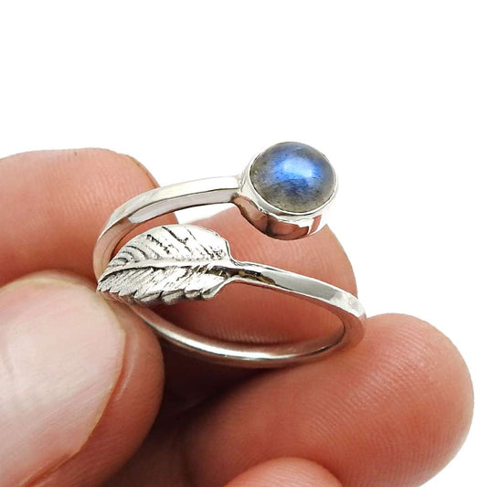 Gift For Her 925 Silver Natural Labradorite Cocktail Leaf Adjustable Ring J14