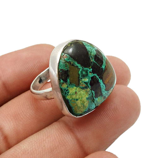 Natural Azurite Malachite Gemstone 925 Silver Cocktail Ring Size 8 For Girls H37