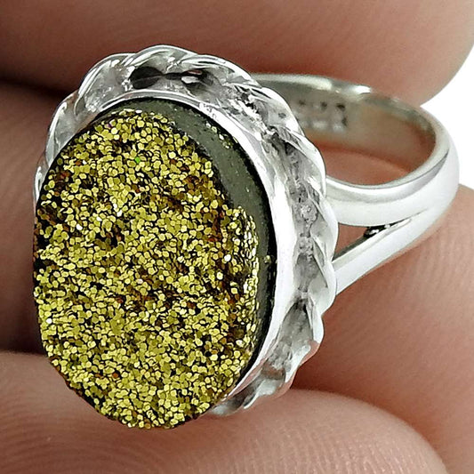 Natural Druzy Gemstone 925 Silver Statement Tribal Ring Size 5 For Women U1