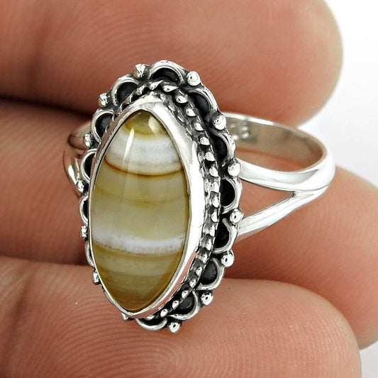 Natural Striped Onyx Solitaire Tribal Brown Ring Size 7.5 925 Silver M11
