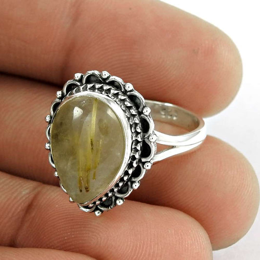 Natural Golden Rutile Statement Ethnic Ring Size 6.5 925 Silver For Girls Q2