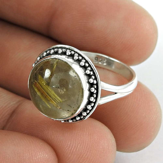 Natural Golden Rutile Cocktail Tribal Ring Size 7.5 925 Silver For Women P14