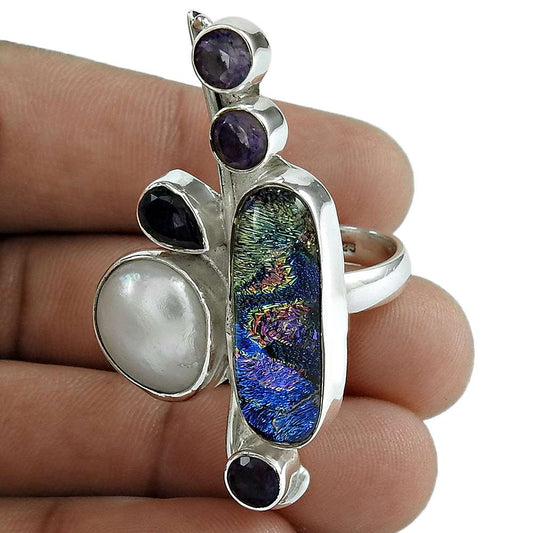 Woman Gift Natural Dico Glass Statement Ring Size 9 925 Silver F18