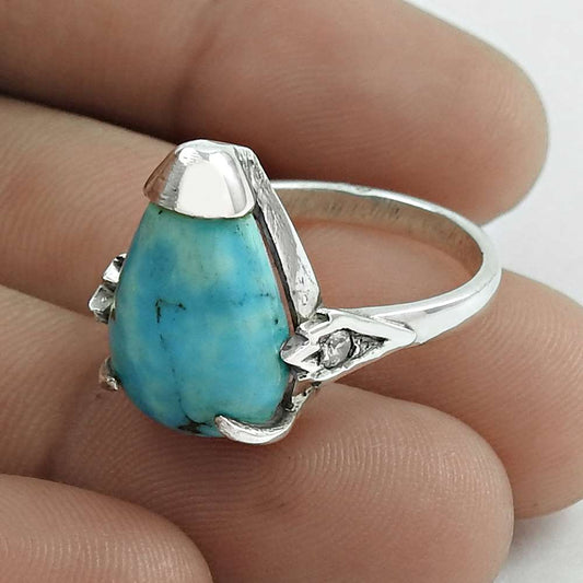 Natural Arizona Turquoise 925 Silver Cocktail Ring Size 7.5 For Girls H12