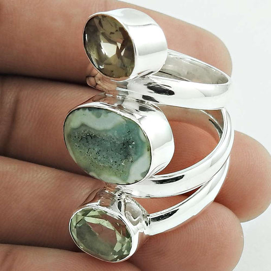 Natural Druzy Gemstone Solitaire Ring Size 8.5 925 Sterling Silver For Girls I12