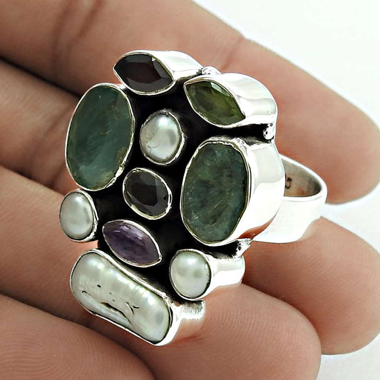 Natural Emerald Gemstone Statement Boho Ring Size 8 925 Silver For Women J12