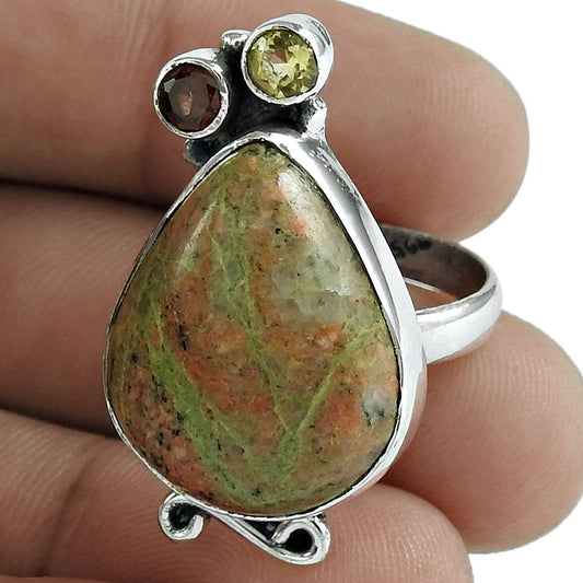 Woman Gift 925 Silver Natural Unakite Statement Bohemian Ring Size 8 D39