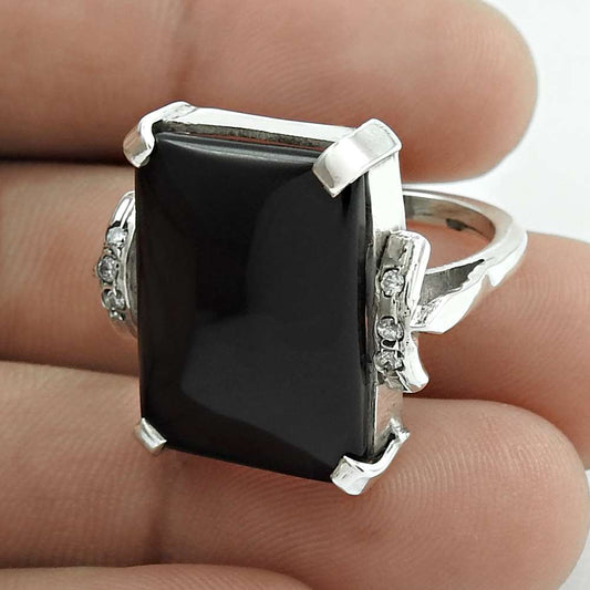 Natural Onyx Gemstone Solitaire Ring Size 7.5 925 Sterling Silver Jewelry C29