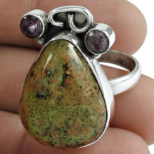 Natural Unakite Gemstone 925 Sterling Silver Statement Ring Size 8 For Women L18