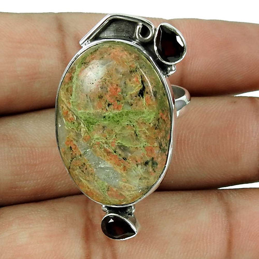 Woman Gift Statement Ring Size 8 925 Silver Natural Unakite Gemstone E21