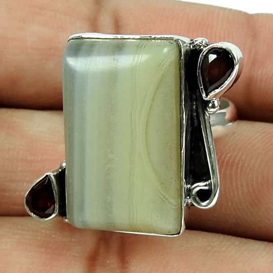 Woman Gift Natural Striped Onyx Cocktail Ring Size 8 925 Silver M18
