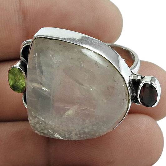 Natural Rose Quartz Gemstone 925 Silver Cocktail Boho Ring Size 7 For Women E8