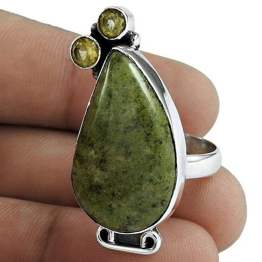 Natural Unakite Gemstone Statement Vintage Green Ring Size 8 925 Silver F8