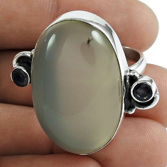 Natural Chalcedony Gemstone Cocktail Ethnic Ivory Ring Size 8 925 Silver H8