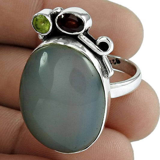 Woman Gift 925 Silver Natural Chalcedony Gemstone Cocktail Ring Size 9 X18