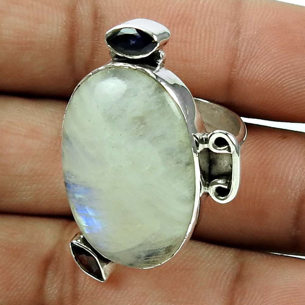 Natural Rainbow Moonstone 925 Silver Cocktail Boho Ring Size 8 For Women Y18