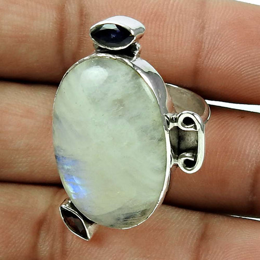 Natural Rainbow Moonstone 925 Silver Cocktail Boho Ring Size 8 For Women Y18