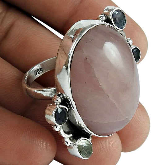 Woman Gift Natural Rose Quartz Statement Ring Size 8 925 Sterling Silver F11