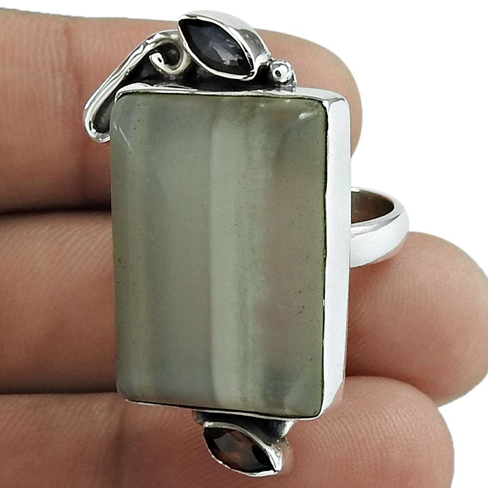Woman Gift Natural Agate Gemstone Solitaire Ring Size 8 925 Silver B22