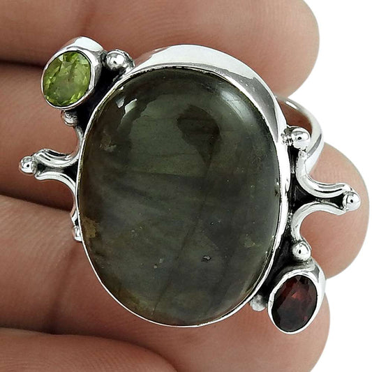 Woman Gift 925 Sterling Silver Natural Labradorite Cocktail Ring Size 8 E22
